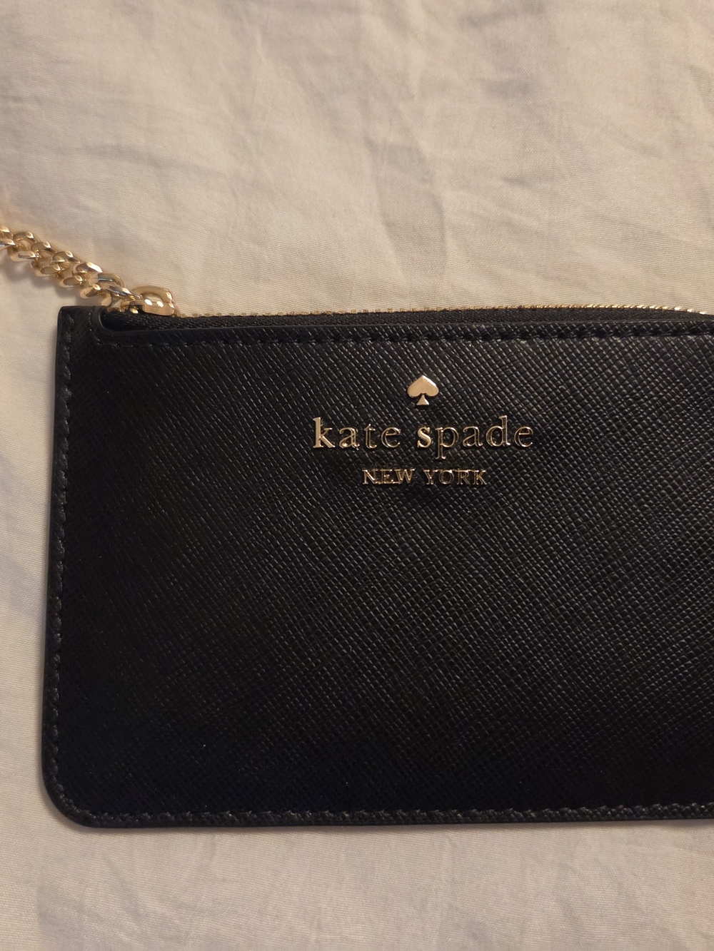 kate spade Black Leather Wristlet Card Case with Gold Chain